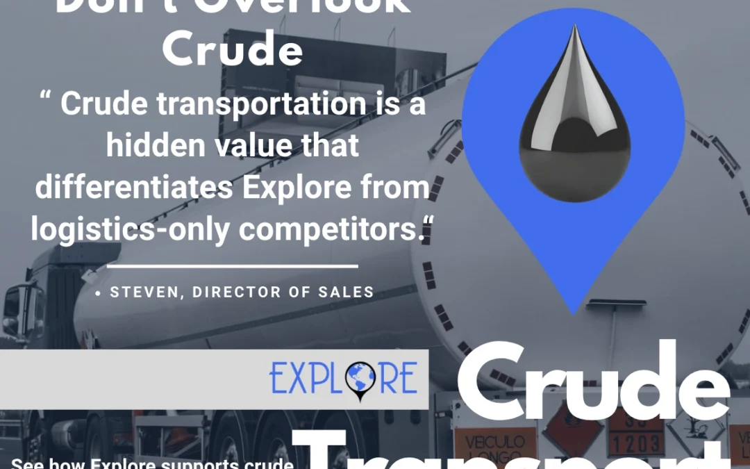 Explore Group crude transport graphic showing a crude oil tanker trailer with a message about crude transportation as a hidden value for refinery supply and logistics services.