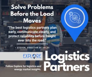 Explore Group logistics partners graphic showing workers inspecting freight equipment with a message about solving problems before a load moves.
