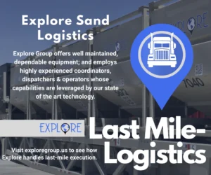 Explore Group sand logistics graphic showing hopper trailers with a last-mile logistics message for dependable equipment and experienced dispatch, coordination, and operations teams.