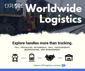 Explore Group worldwide logistics graphic featuring a freight train and service icons for full truckload, intermodal, rail, procurement, warehousing, and logistics management.